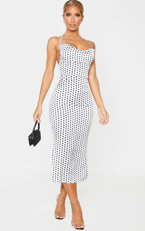White Polka Dot Satin Strappy Back Midi Dress sold by Pretty Little Thing