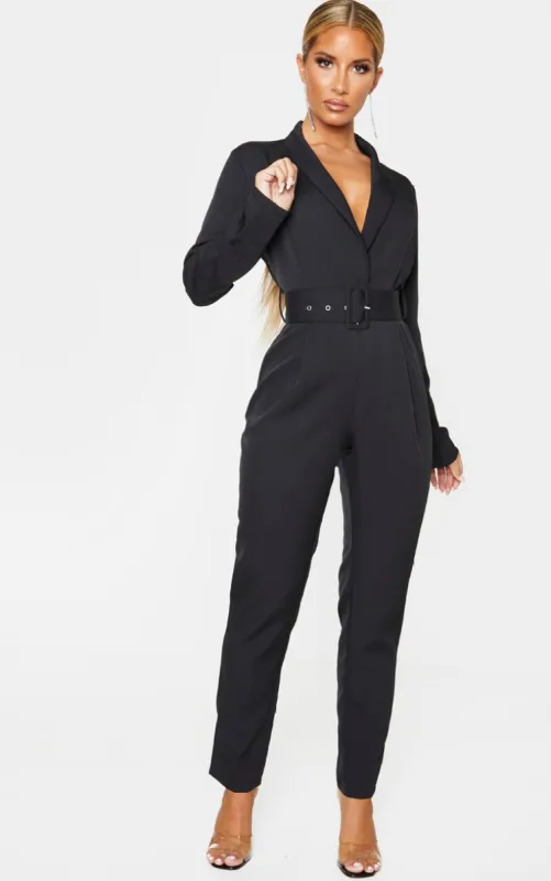 Black Lapel Detail Belted Jumpsuit sold by Pretty Little Thing