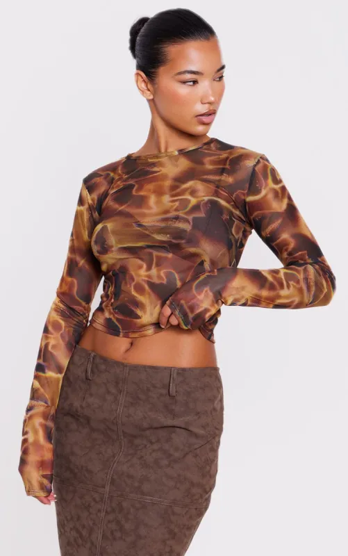 Brown Mesh Printed Long Sleeve Top sold by Pretty Little Thing