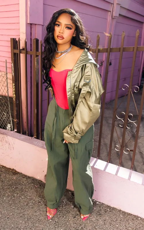 Sage Green Satin Oversized Hooded Pocket Bomber Jacket sold by Pretty Little Thing