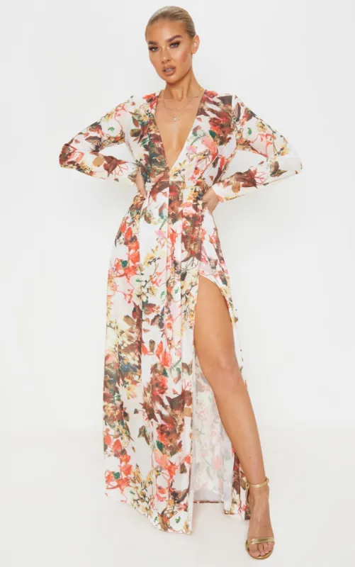 Floral Print Plunge Long Sleeve Maxi Dress sold by Pretty Little Thing