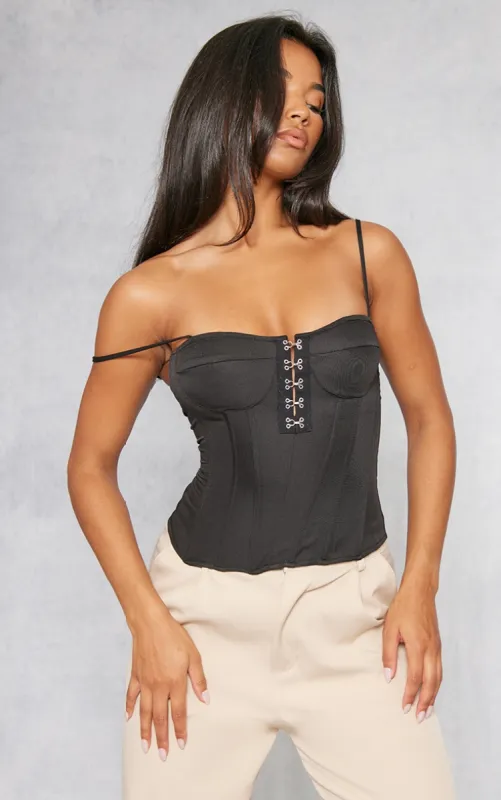 Black Woven Hook And Eye Structured Corset Long Top sold by Pretty Little Thing