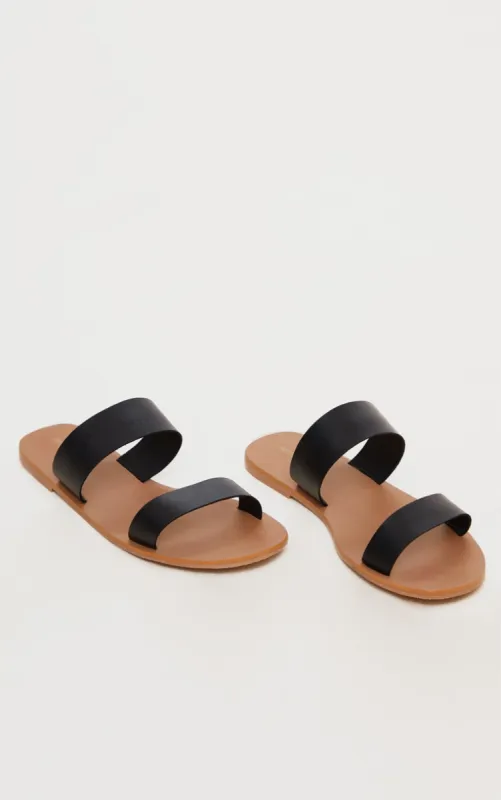 Black Wide Fit Leather Twin Strap Sandal sold by Pretty Little Thing