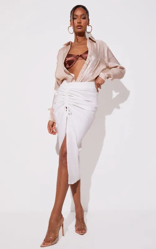 White Woven Ruched Detail Midi Skirt sold by Pretty Little Thing