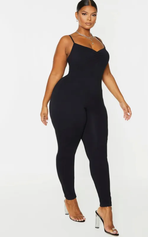 Plus Black Cotton Ruched Bust Jumpsuit sold by Pretty Little Thing