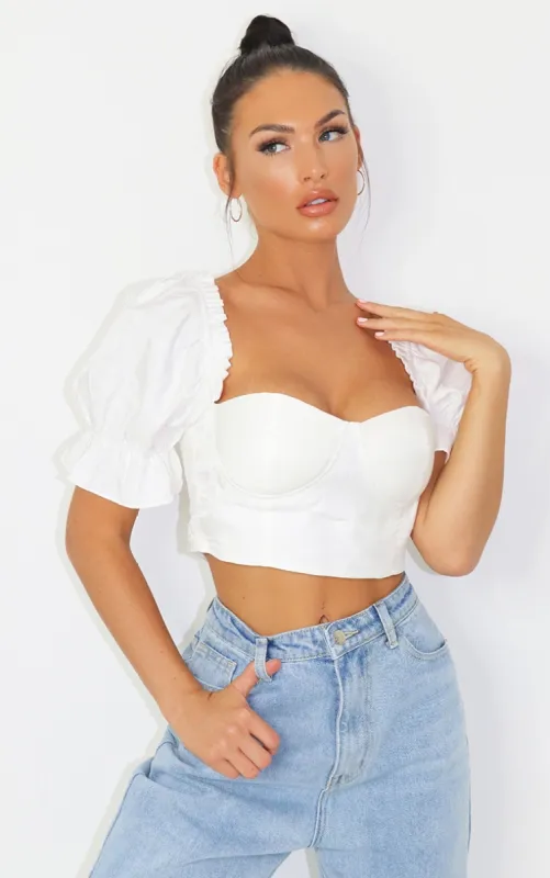 White Woven Short Puff Sleeve Crop Top sold by Pretty Little Thing