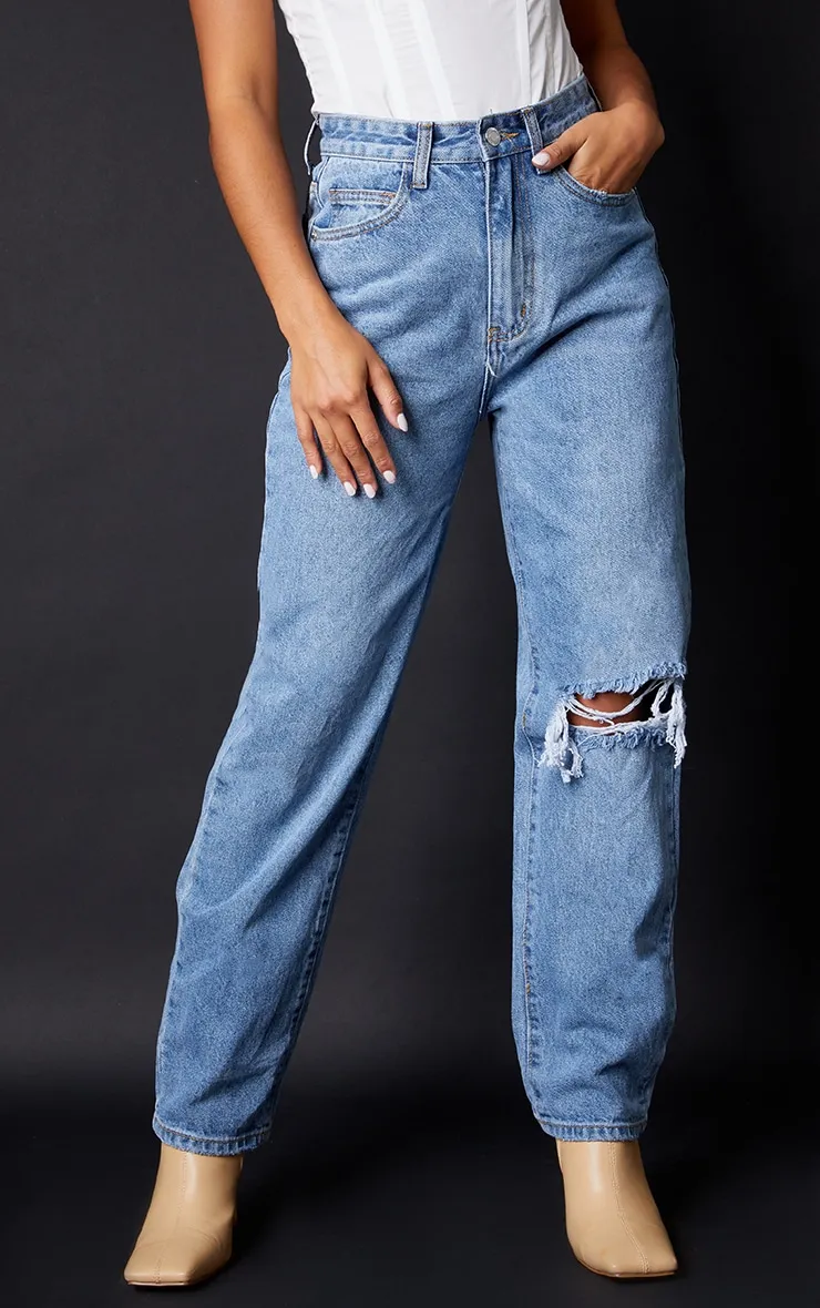 Petite Light Blue Wash Open Knee Leg Straight Jeans sold by Pretty Little Thing product image thumbnail 2