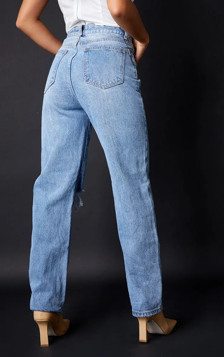 Petite Light Blue Wash Open Knee Leg Straight Jeans sold by Pretty Little Thing product image thumbnail 3