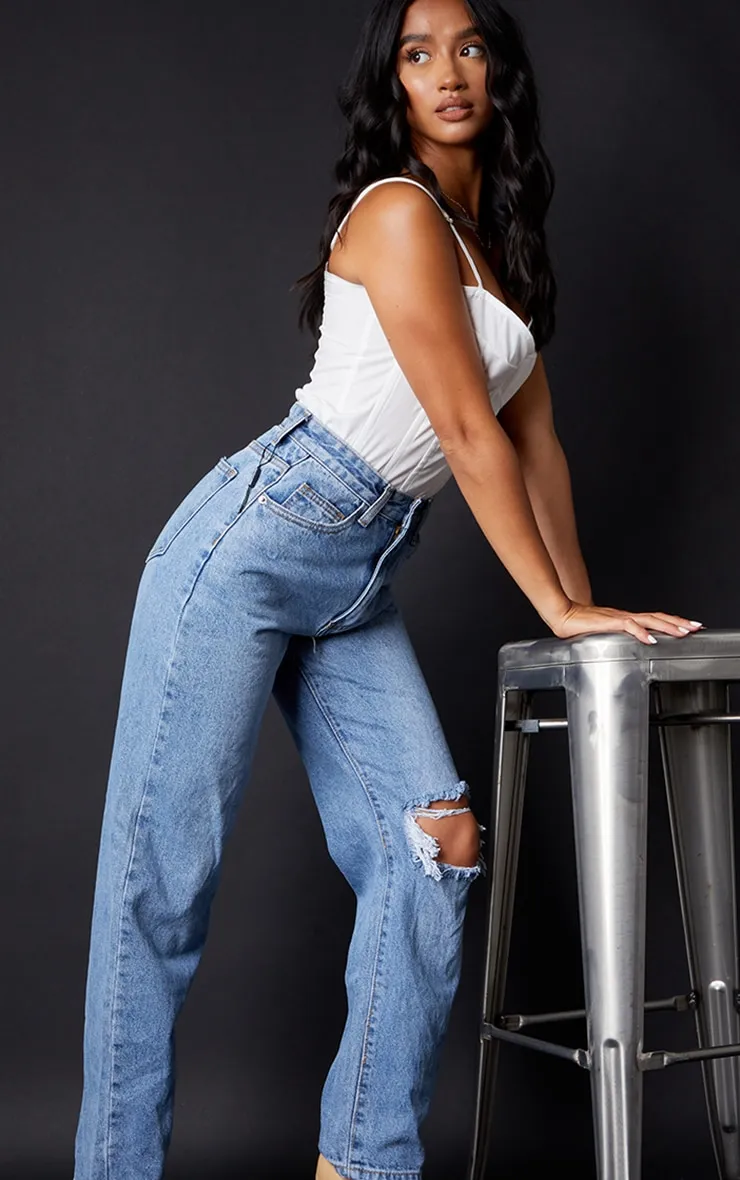 Petite Light Blue Wash Open Knee Leg Straight Jeans sold by Pretty Little Thing product image thumbnail 4