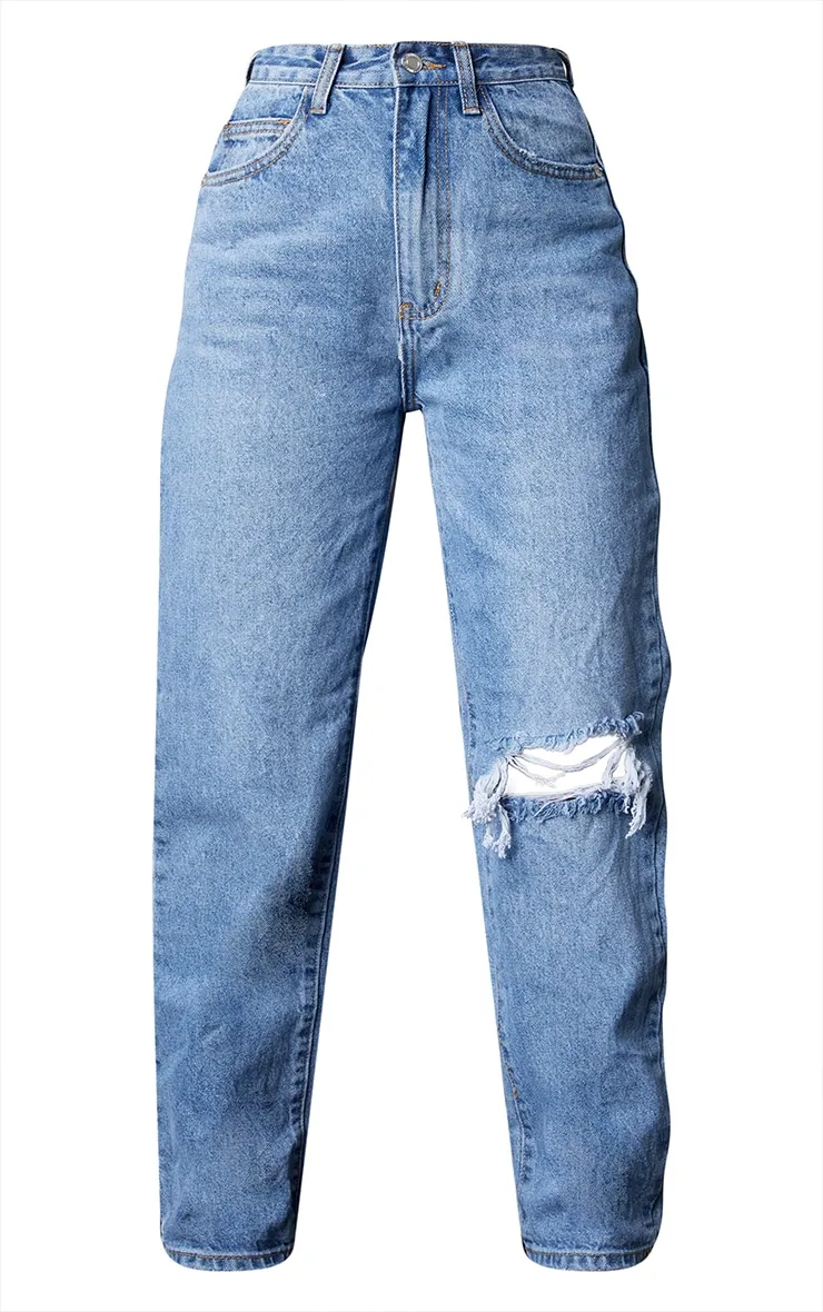 Petite Light Blue Wash Open Knee Leg Straight Jeans sold by Pretty Little Thing product image thumbnail 5