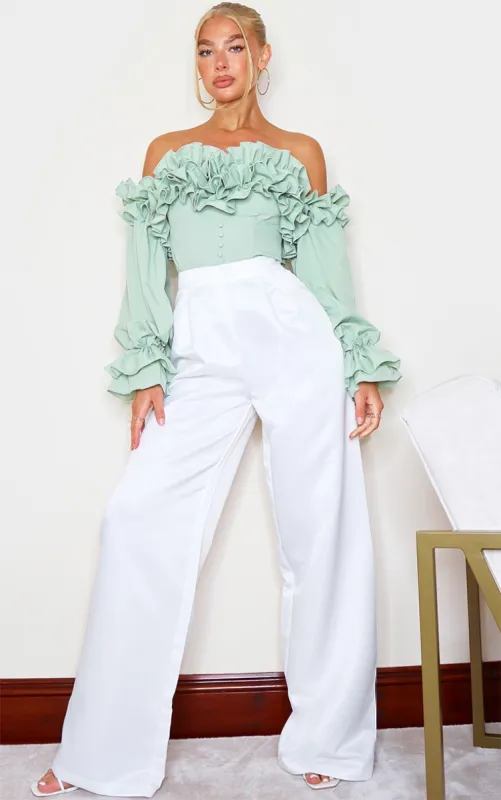 Sage Green Ruffle Hem Off Shoulder Long Sleeve Top sold by Pretty Little Thing