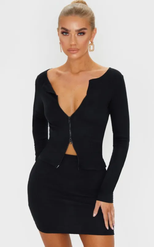 Black Soft Brushed Rib Double Zip Front Top sold by Pretty Little Thing