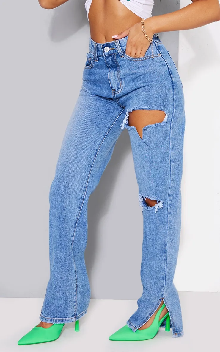 Petite Mid Blue Wash Ripped Split Hem Jeans sold by Pretty Little Thing product image thumbnail 2