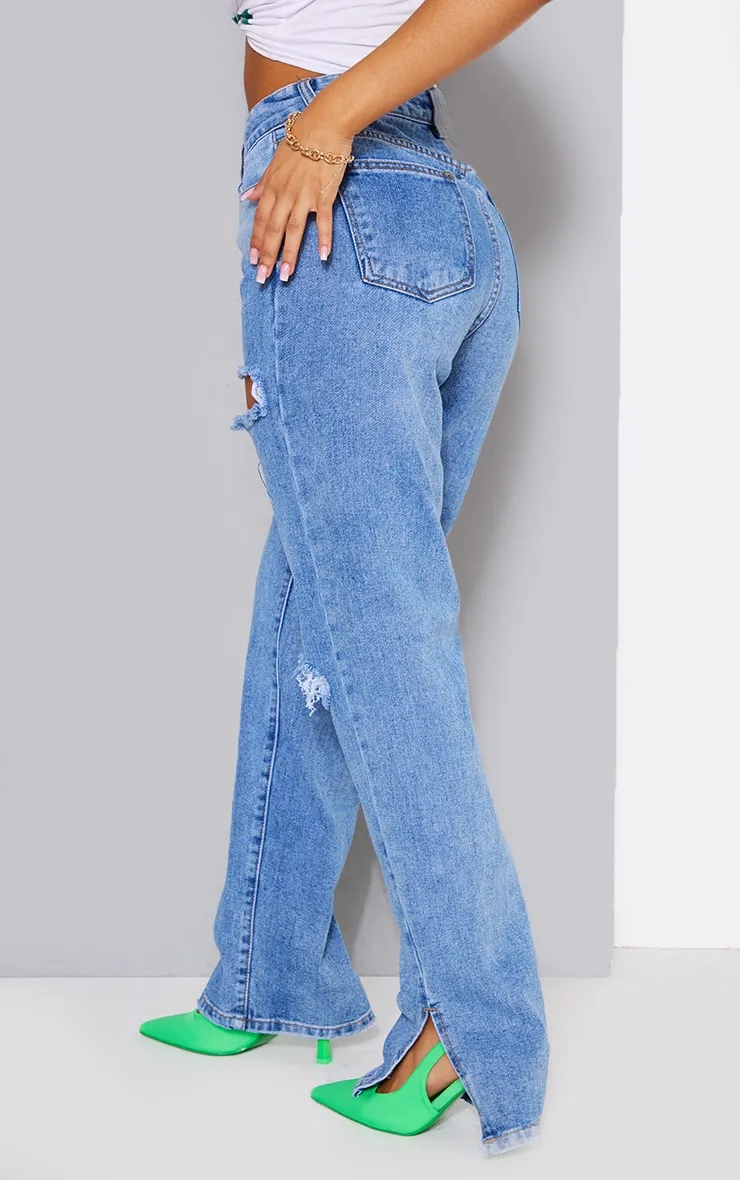 Petite Mid Blue Wash Ripped Split Hem Jeans sold by Pretty Little Thing product image thumbnail 3
