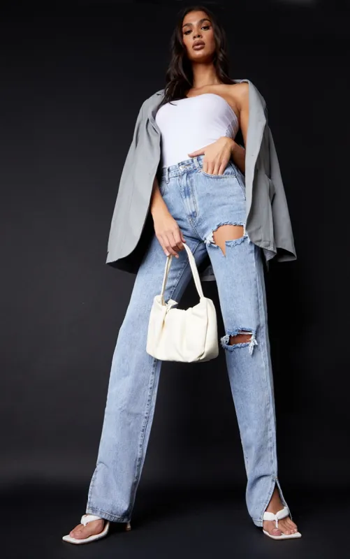 Tall Bleach Wash Ripped High Waist Split Hem Jeans sold by Pretty Little Thing