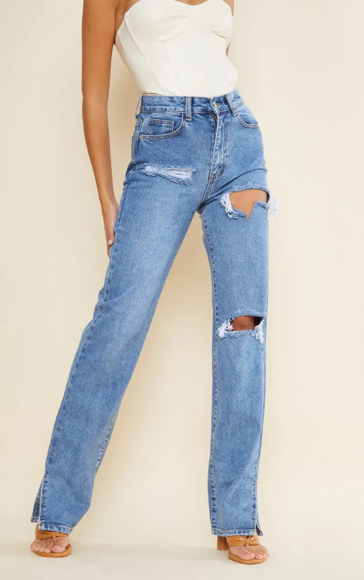 Tall Mid Blue Wash Ripped High Waist Split Hem Jeans sold by Pretty Little Thing product image thumbnail 2