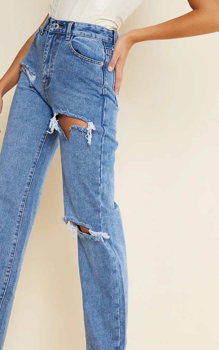Tall Mid Blue Wash Ripped High Waist Split Hem Jeans sold by Pretty Little Thing product image thumbnail 4