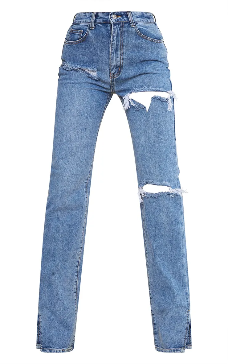 Tall Mid Blue Wash Ripped High Waist Split Hem Jeans sold by Pretty Little Thing product image thumbnail 5
