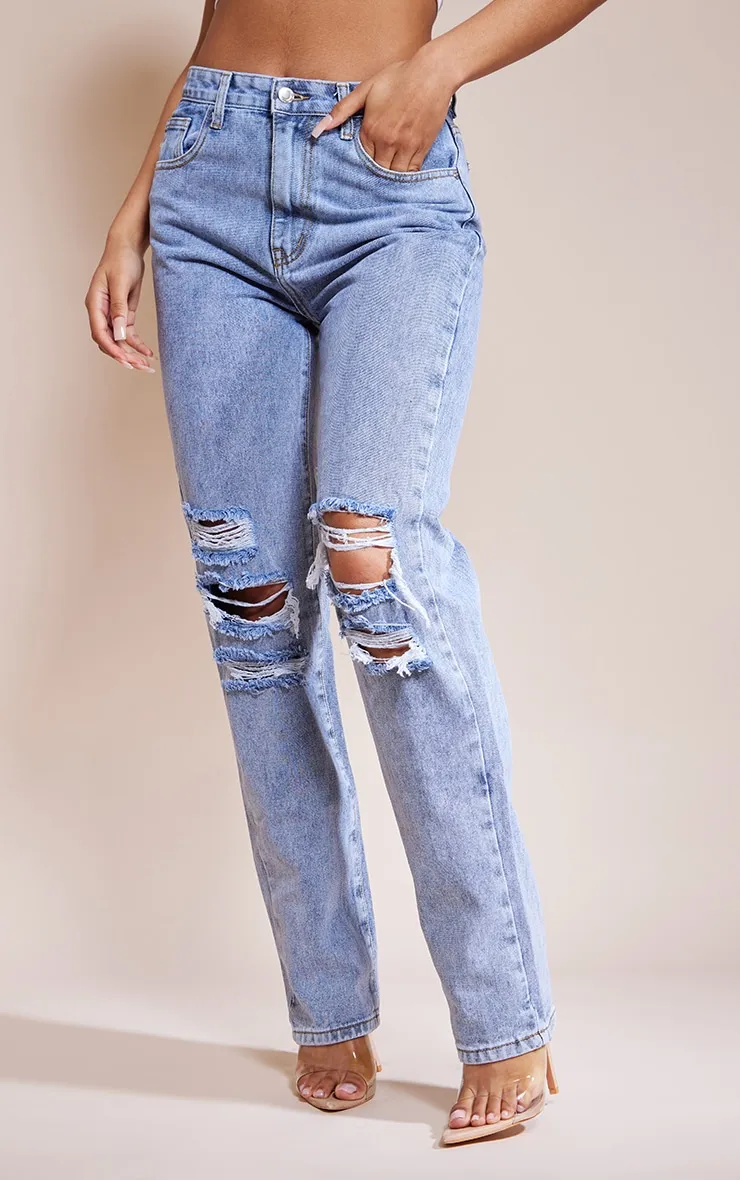 Mid Blue Vintage Wash Ripped Straight Leg Jeans sold by Pretty Little Thing product image thumbnail 2