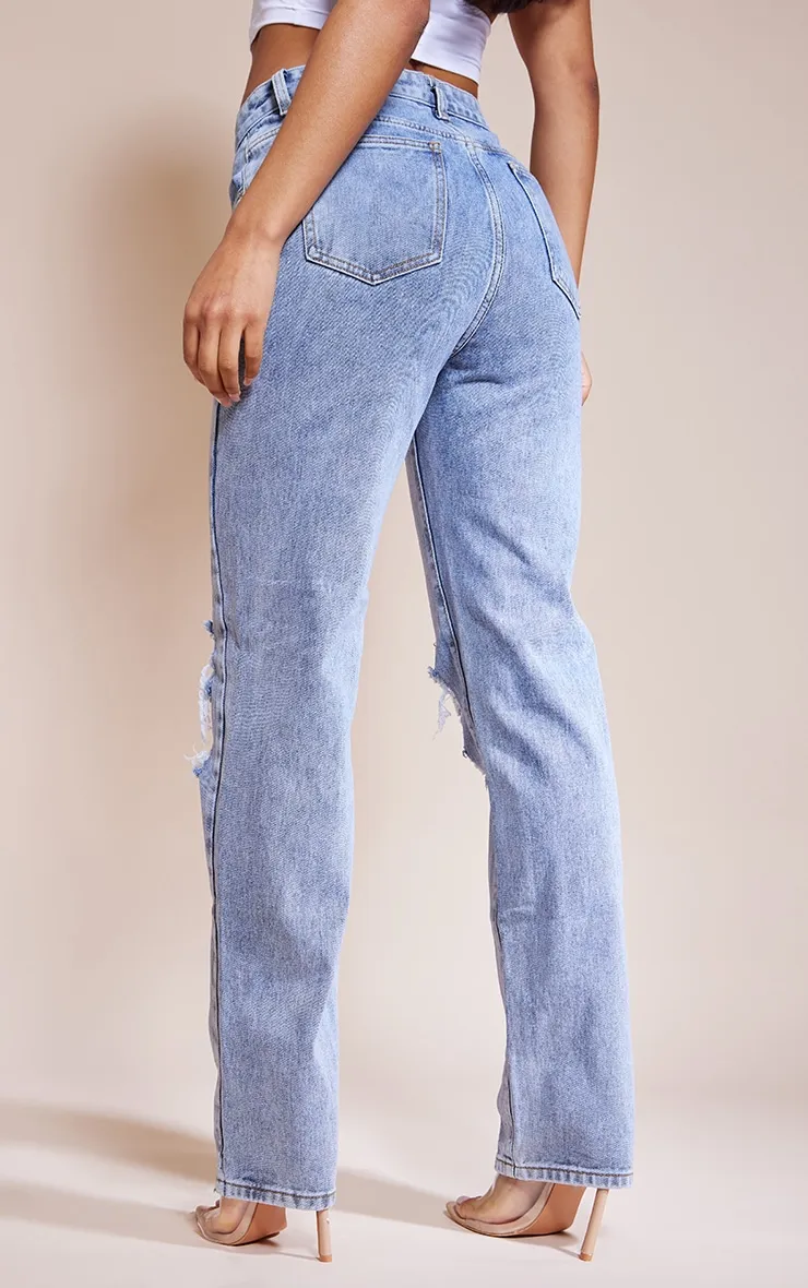 Mid Blue Vintage Wash Ripped Straight Leg Jeans sold by Pretty Little Thing product image thumbnail 3