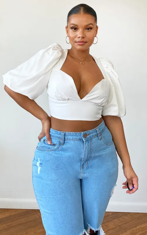 Plus White Woven Puff Sleeve Structured Crop Top sold by Pretty Little Thing