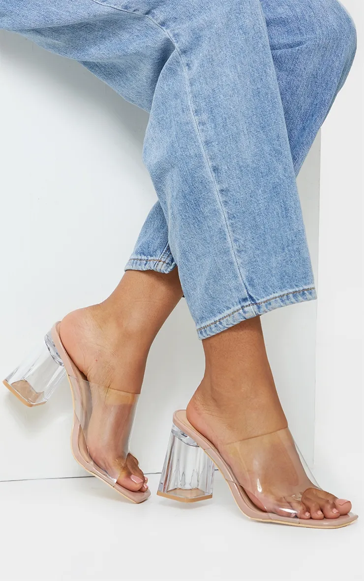 Nude Wide Fit Clear Flared Block Heel Mules sold by Pretty Little Thing
