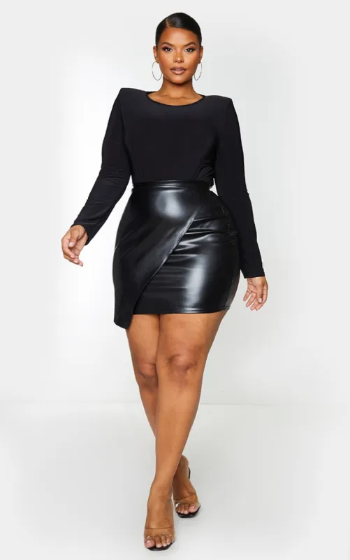Plus Luisa Black Faux Leather Wrap Mini Skirt sold by Pretty Little Thing