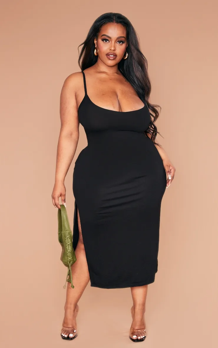 Plus Black Jersey Split Midi Dress sold by Pretty Little Thing