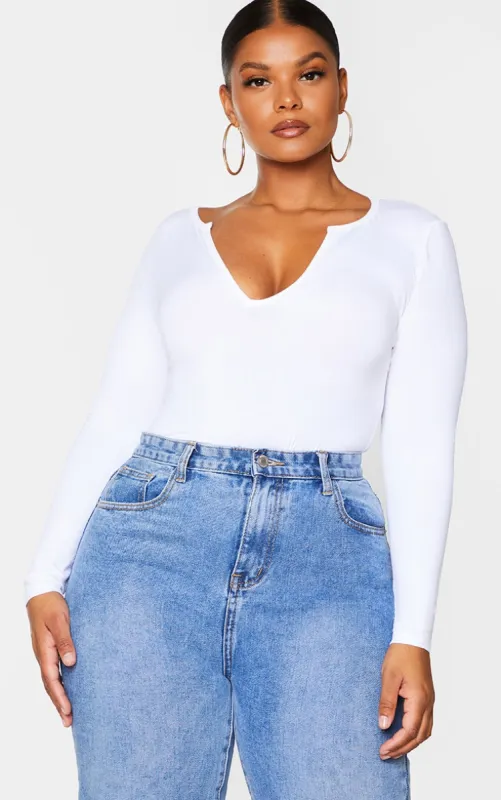 Plus Basic White Plunge Long Sleeve Bodysuit sold by Pretty Little Thing