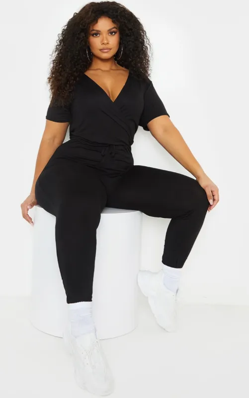 Plus Black Jersey Wrap Jumpsuit sold by Pretty Little Thing