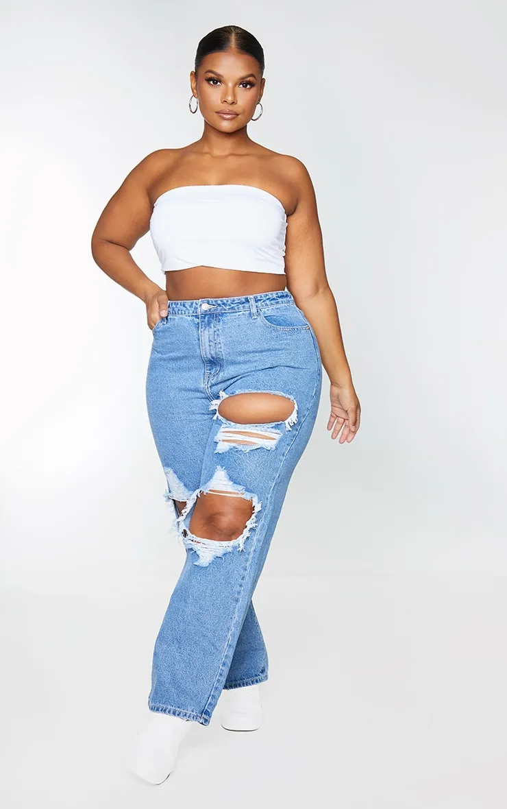 PRETTYLITTLETHING Plus Mid Blue Ripped Straight Leg Jeans sold by Pretty Little Thing
