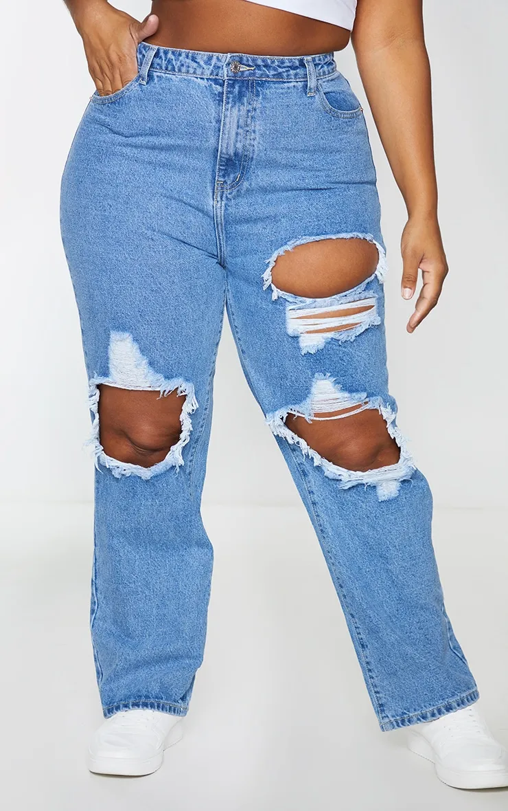PRETTYLITTLETHING Plus Mid Blue Ripped Straight Leg Jeans sold by Pretty Little Thing product image thumbnail 2
