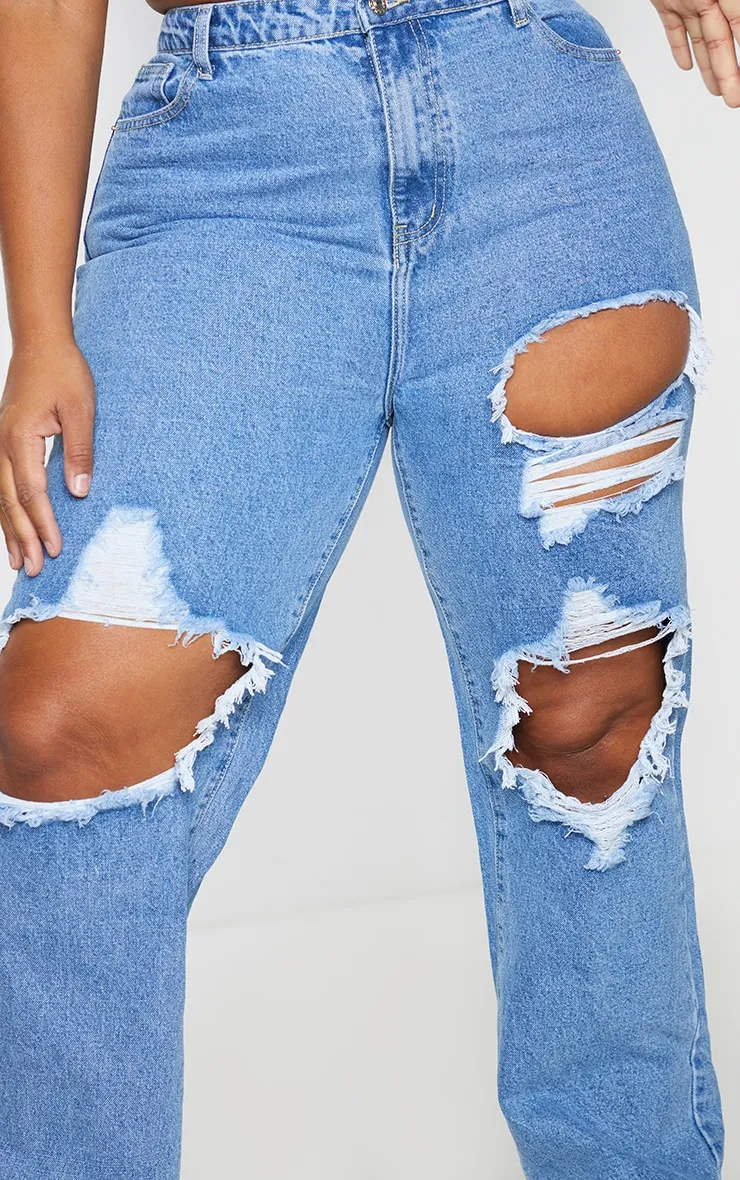 PRETTYLITTLETHING Plus Mid Blue Ripped Straight Leg Jeans sold by Pretty Little Thing product image thumbnail 4