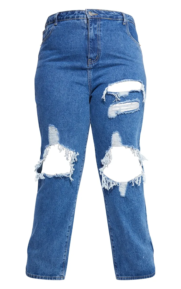 PRETTYLITTLETHING Plus Mid Blue Ripped Straight Leg Jeans sold by Pretty Little Thing product image thumbnail 5