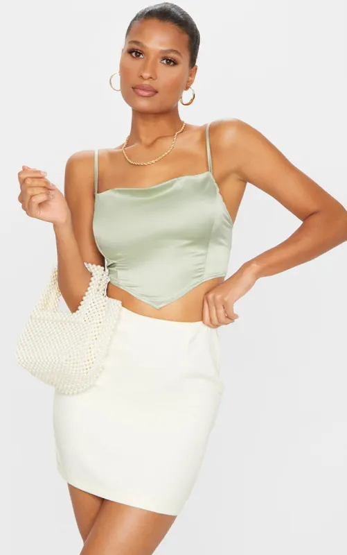 Sage Satin Cowl Neck Crop Top sold by Pretty Little Thing