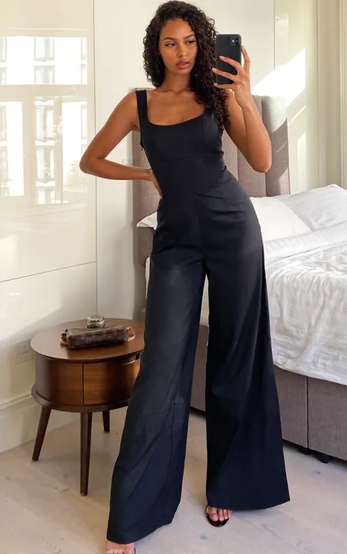 Black Woven Square Neck Wide Leg Jumpsuit sold by Pretty Little Thing