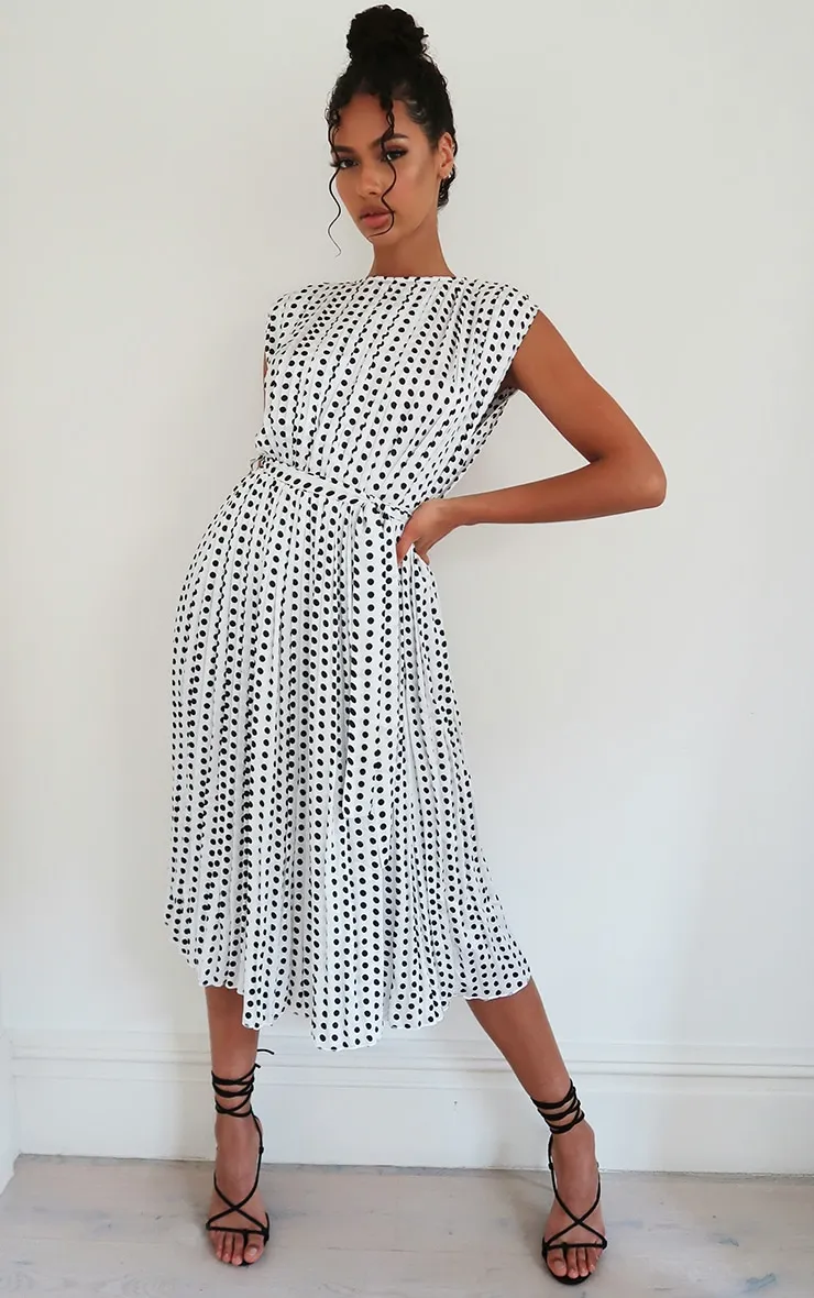 White Polka Dot Pleated Sleeveless Midi Dress sold by Pretty Little Thing