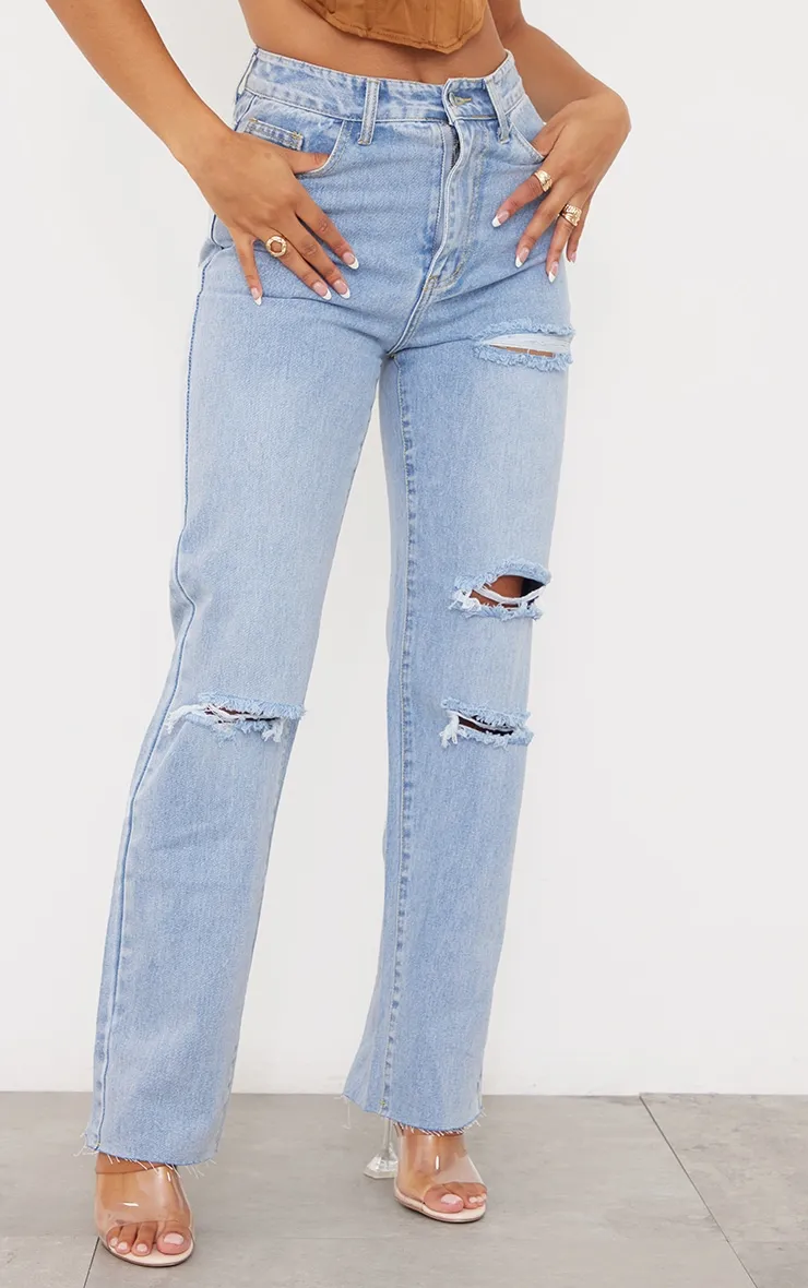 PRETTYLITTLETHING Light Blue Wash Ripped Long Leg Straight Jeans sold by Pretty Little Thing product image thumbnail 2