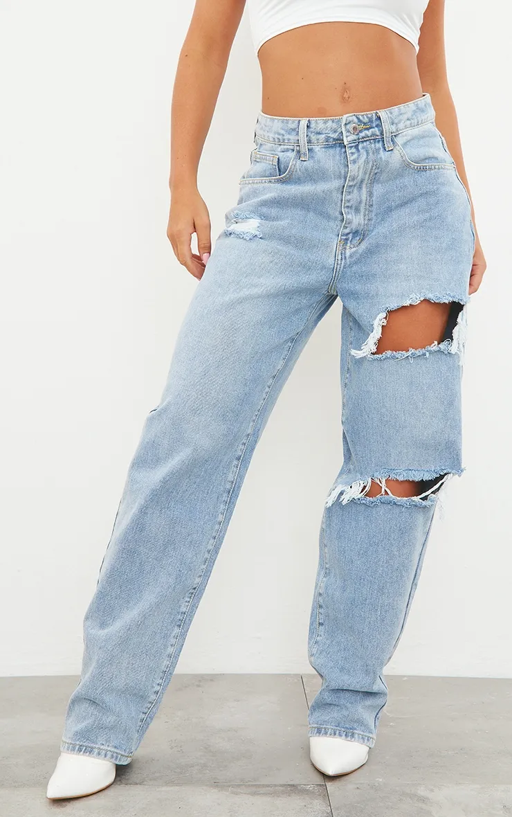PRETTYLITTLETHING Light Blue Wash Open Knee Boyfriend Jeans sold by Pretty Little Thing product image thumbnail 2