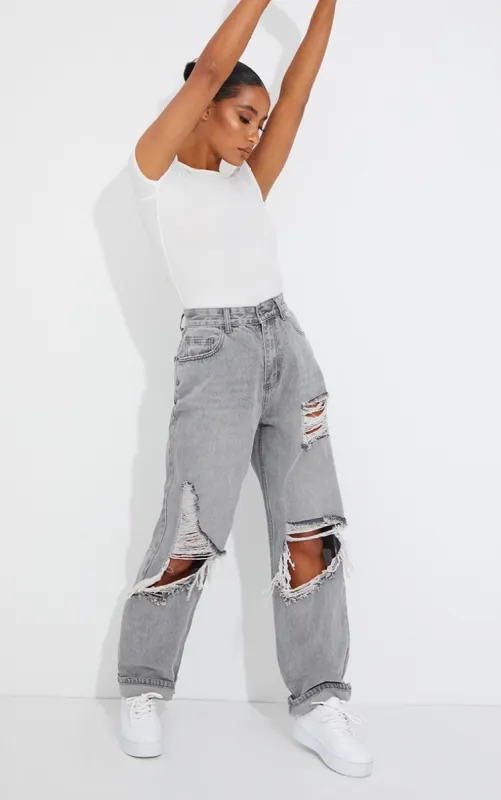 PRETTYLITTLETHING Washed Grey Open Knee Ripped Turn Up Boyfriend Jeans sold by Pretty Little Thing
