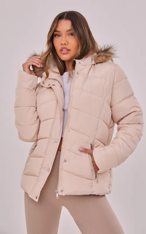 Stone Quilted Mara Faux Fur Hooded Puffer Jacket sold by Pretty Little Thing