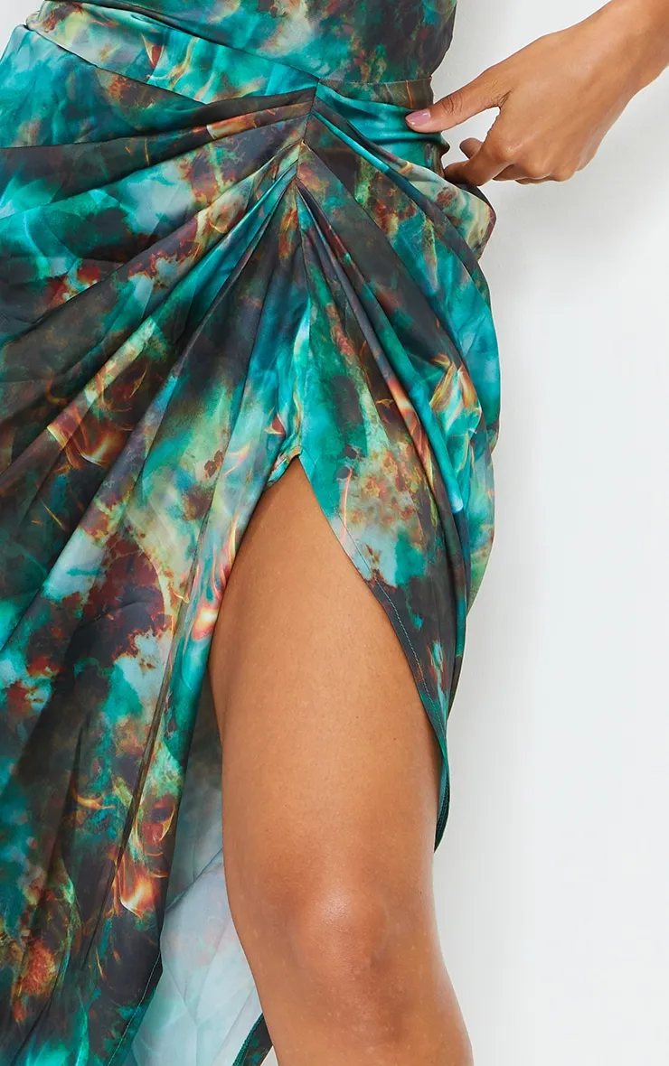 Green Print Satin Strappy Cowl Neck Side Gathered Midi Dress sold by Pretty Little Thing product image thumbnail 4