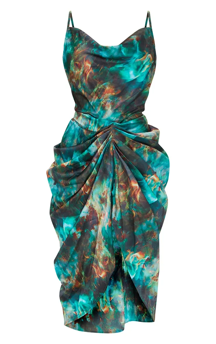 Green Print Satin Strappy Cowl Neck Side Gathered Midi Dress sold by Pretty Little Thing product image thumbnail 5