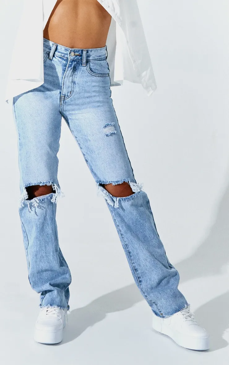 PRETTYLITTLETHING Petite Light Blue Wash Ripped Long Leg Straight Jeans sold by Pretty Little Thing product image thumbnail 2
