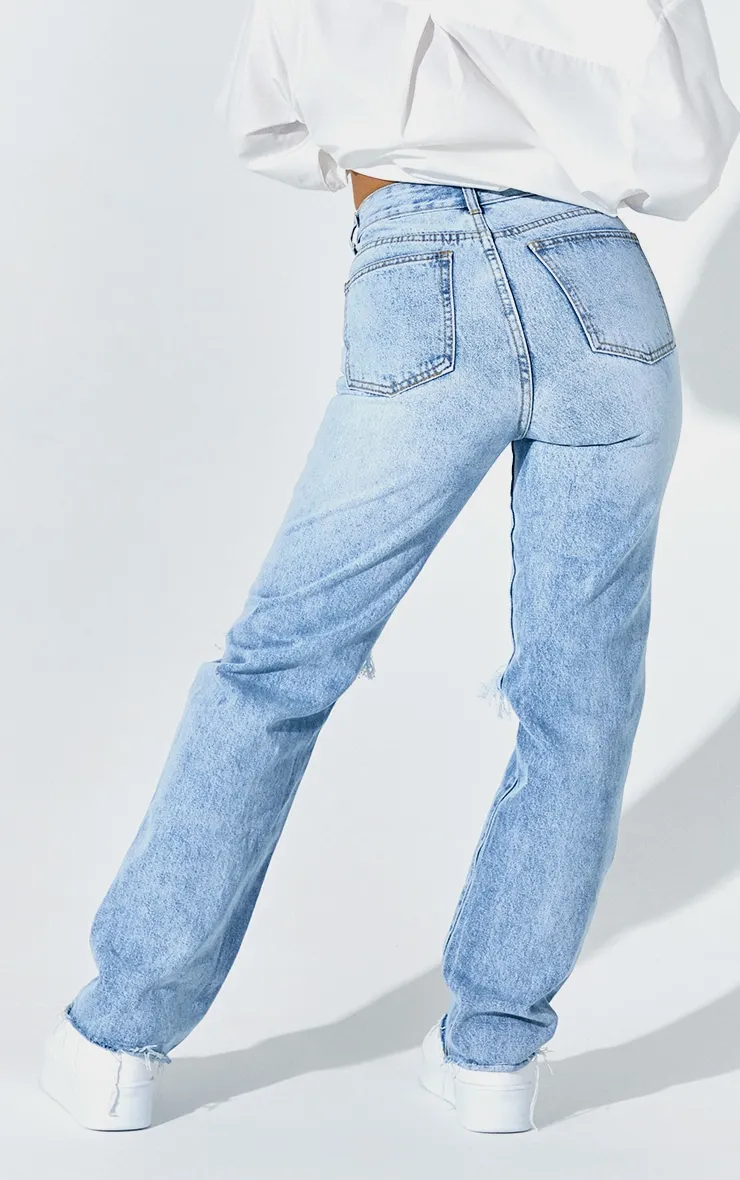 PRETTYLITTLETHING Petite Light Blue Wash Ripped Long Leg Straight Jeans sold by Pretty Little Thing product image thumbnail 3