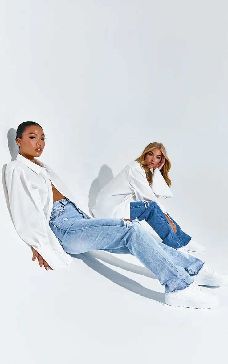 PRETTYLITTLETHING Petite Light Blue Wash Ripped Long Leg Straight Jeans sold by Pretty Little Thing product image thumbnail 5