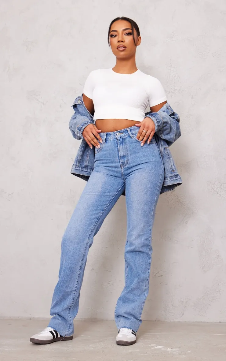 PRETTYLITTLETHING Tall Mid Blue Wash High Waist Long Leg Straight Jeans sold by Pretty Little Thing