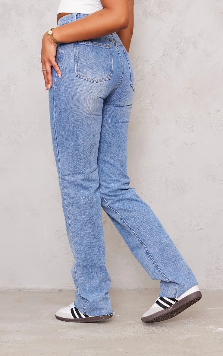 PRETTYLITTLETHING Tall Mid Blue Wash High Waist Long Leg Straight Jeans sold by Pretty Little Thing product image thumbnail 3