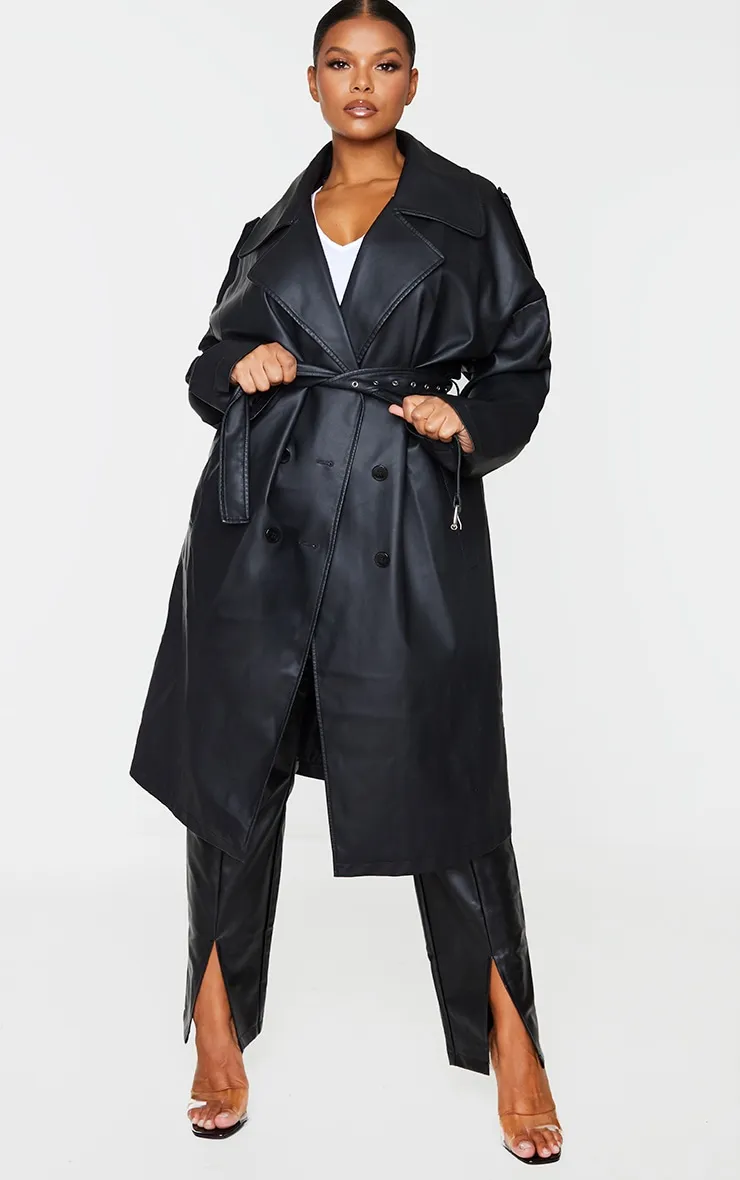 Plus Black Faux Leather Drop Arm Midi Trench sold by Pretty Little Thing