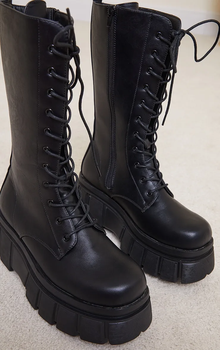 Black Extreme Flatform Sole Calf High Biker Boots sold by Pretty Little Thing product image thumbnail 3